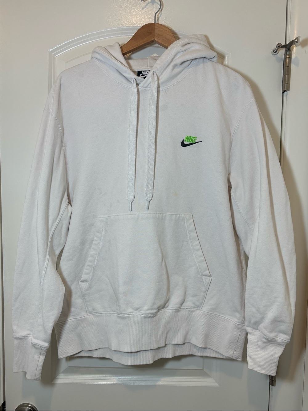 Nike White Crewneck Hoodie with Green and Black Swoosh - Men's #578